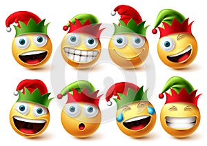 Christmas elfs emoji vector set. Emojis smiley wearing elf hat icon collection isolated in white background