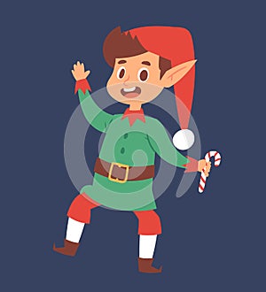Christmas elfs kids vector children Santa Claus helpers cartoon elfish boy young characters traditional costume