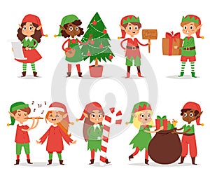 Christmas elfs kids vector children Santa Claus helpers cartoon elfish boys and girls young characters traditional