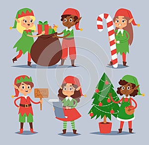 Christmas elfs kids vector children Santa Claus helpers cartoon elfish boys and girls young characters traditional