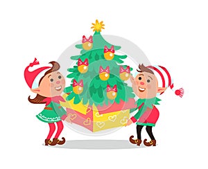 Christmas elves. Cartoon dwarfs carrying present box and Xmas tree. Santa Claus assistants. Boy and girl with winter