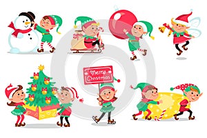 Christmas elves. Cartoon funny magical creatures, little helpers of santa Claus, christmas gnomes, kids with gifts and