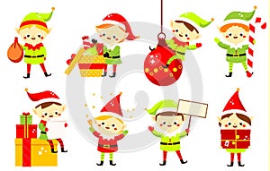 Christmas elves. Collection of cute Santa`s helpers holding gifts. Cartoon characters for new Year greeting design photo