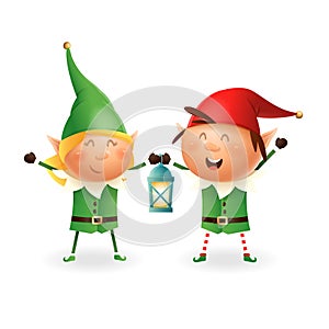 Christmas Elves girl and boy with lantern - vector illustration isolated on transparent background