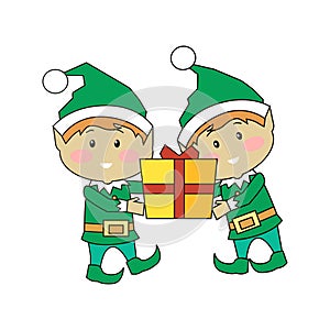 Christmas Elves Holding Gift Box. Xmas Characters