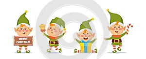 Christmas Elves Isolated on White Background. Bundle of Santa Helpers Holding Holiday Sweets, Gifts and Decorations