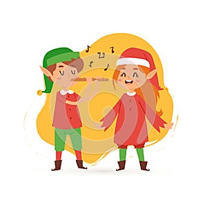 Christmas elves kids singing caroling cartoon vector illustration. Boy and girl in elf costumes sing songs caroles and