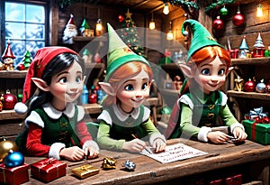 Christmas Elves in Santa Modern Toy Workshop. Generative AI