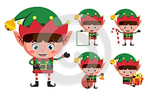 Christmas elves vector character set. Young boy elf cartoon characters