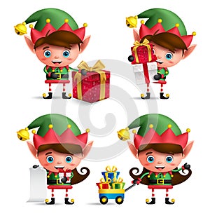 Christmas elves vector characters set. Cute kids with green elf costume