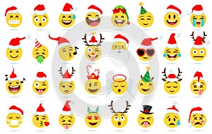 Christmas emoji. Santa Claus emoticon in xmas hat, snowman and funny yellow faces with deer antler headband.