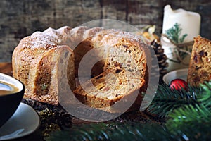 Christmas English dried fruits and raisins tea cake and cup of coffee, new year decoration