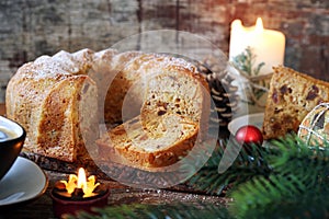 Christmas English dried fruits and raisins tea cake and cup of coffee, new year decoration