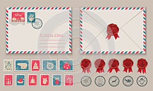 Christmas envelope with Santa in stamp and postage stamps, Snowman in stamp. Vector illustration