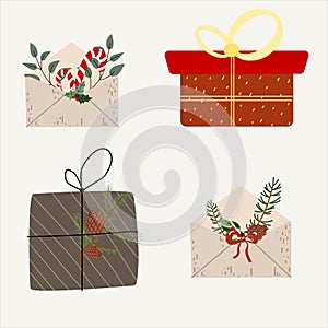 Christmas Envelopes. New Year Letters. A set of Gift Cards, postal envelopes. vector elements
