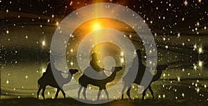 Christmas, Epiphany, Three Kings on camels, background with stars photo