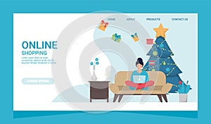 Christmas Eshopping Online Business Promotion Shopaholic Concept. Woman with laptop on couch