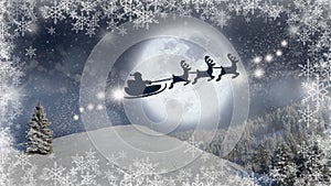 Christmas eve background, magic Christmas scene with Santa Claus in a sleigh flying with his reindeer