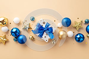 Christmas Eve concept. Top view photo of star ornaments white blue gold baubles present box with ribbon bow and confetti on