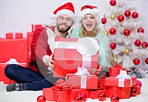 Christmas eve with darling. Love is best gift. Family married couple at home. Couple in love enjoy winter holiday