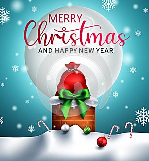 Christmas eve gifts vector design. Merry christmas text with red sack bag in snowy roof chimney for xmas surprise and holiday gift