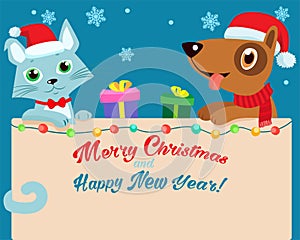 Christmas Eve. Happy Cartoon Cat And Dog Friendship With Santa Hat Vector. Cartoon Vector Illustration Holiday Winter Background.