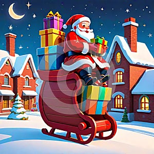 Christmas eve night santa claus sleigh gift package delivery