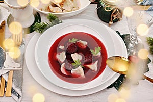 Christmas Eve red borscht with ravioli and beet chips