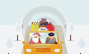 Christmas eve:Santa Claus going on holiday in a yellow taxi