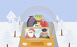 Christmas eve:Santa Claus going on holiday in a yellow taxi.Santa bags and boxes with gifts on the roof of a cab.Cabbie in the