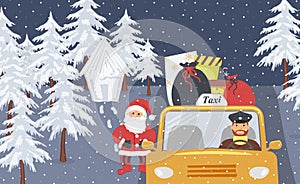 Christmas eve:Santa Claus going on holiday in a yellow taxi.Santa bags and boxes with gifts on the roof of a cab.Cabbie in the