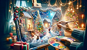 Christmas Eve scene being painted. The focus is on a magical canvas where the painted scene comes to life. AI generated.
