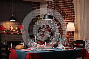 Christmas eve table in luxury interior, beautiful decorated place