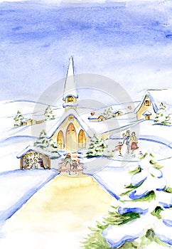 Christmas Eve Watercolor old fashion traditional painting