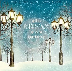 Christmas evening landscape with vintage lampposts.