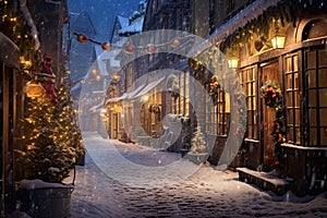 Christmas evening on the snow-covered streets of an old European town with small houses decorated with all kinds of Christmas
