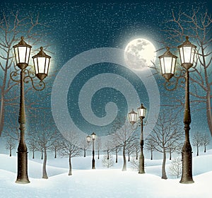 Christmas evening winter landscape with lampposts.