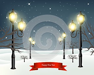 Christmas evening winter landscape with lampposts. Vector illustration