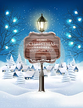 Christmas evening winter landscape with lampposts and a winter village with christmas trees. Vector