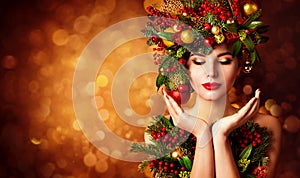 Christmas Face and Hands Skin Care, Woman Beauty Makeup, Art Wreath Hairstyle, Xmas Beautiful Portrait