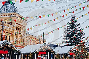 Christmas fair in Nizhny Novgorod. Festive decorations and beautiful pavilions. Exhibition Hall of the Nizhegorodskaya