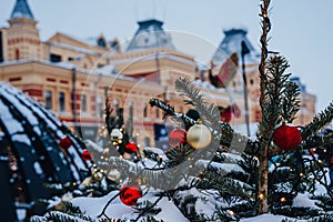Christmas fair in Nizhny Novgorod. Festive decorations. Exhibition Hall of the Nizhegorodskaya Yarmarka Fair