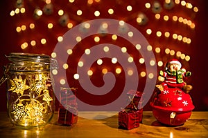 Christmas fairy lights in a mason jar, glowing in the dark, fair