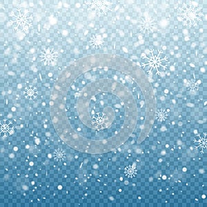 Christmas falling snow isolated on blue background. Snowflakes decoration effect. Magic snowfall texture. Winter design