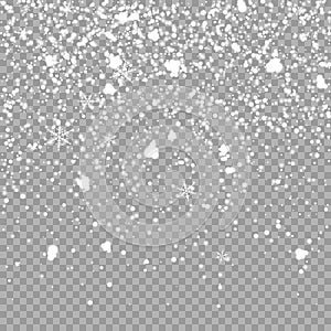 Christmas falling snow overlay on transparent background. Snowflakes storm layer. pattern for design. Snowfall