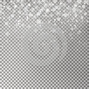 Christmas falling snow vector isolated on dark background. Snowflake transparent decoration effect.