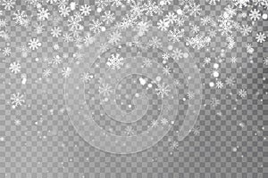 Christmas falling snow vector isolated on dark background. Snowflake transparent decoration effect. Xmas snow flake pattern. Magic