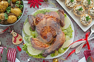 Christmas family dining table. Baked Chicken. Holiday Table. Table setting. Presents . New Year. View from above