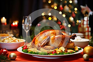 Christmas family dinner with a roasted turkey against the background of a Christmas tree