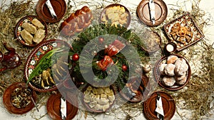 Christmas Family Dinner Table Concept. traditional Christmas sweet meal in Ukraine, Belarus and Poland, on wooden table